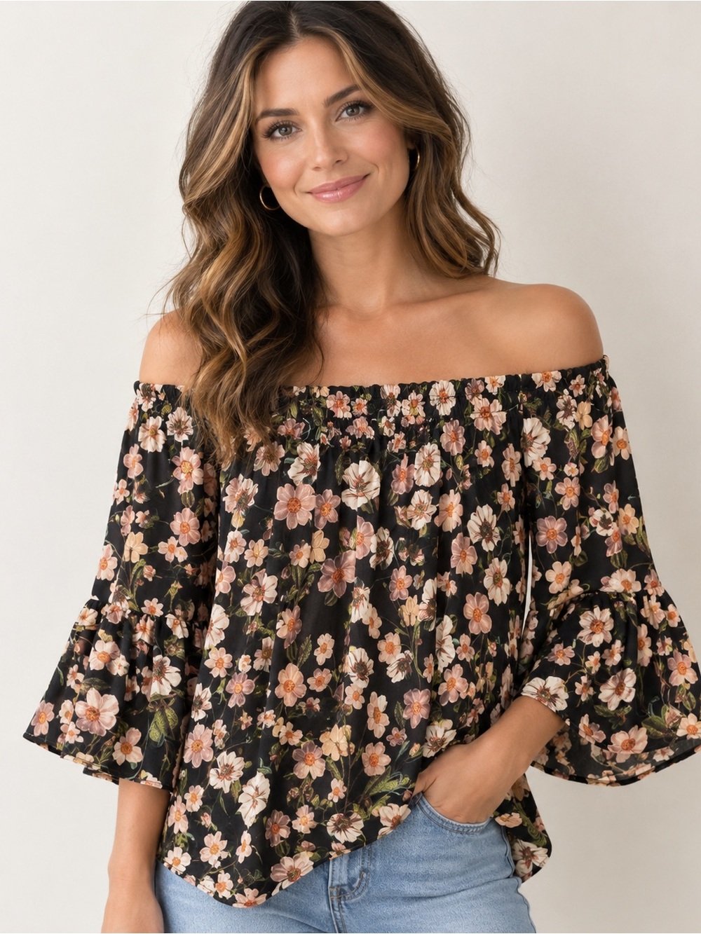 Topshop Black Floral Off-Shoulder Ruffle Sleeve Top